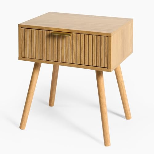 OHS Bedside Table 1 Drawer Ribbed Venice, Decorative Wooden Nightstand Side Table Living Room Bedroom Storage Unit Modern Side End Tables for Home, Natural Wood - 40 x 30 x 45cm