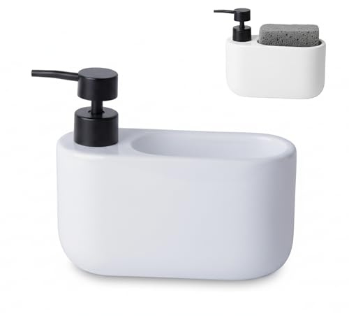 Dispensador de Jabón Cocina con Estropajero 520 ml, Cerámica, Blanco | Serie CURVE, dosificador y soporte para esponja, organizador de fregadero estrecho 18x7.3x15 cm, jabonera
