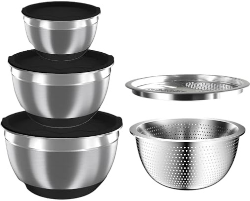 MCHERRY Set di ciotole per mescolare con coperchi ermetici, 3 ciotole, scolapasta, grattugia, fondo antiscivolo, ciotole salvaspazio da 1,5, 2,5, 5 QT (nero)