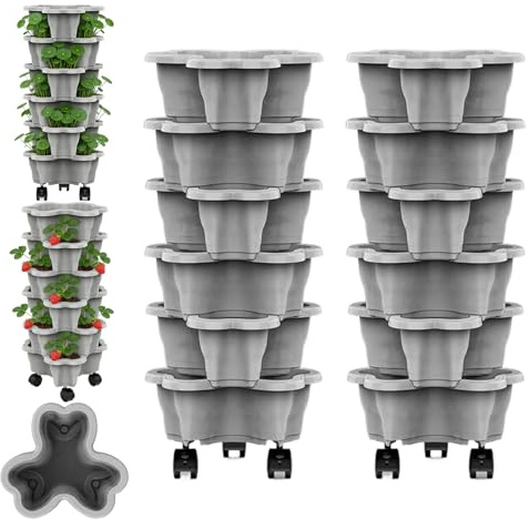 Torre Para Plantas Con Ruedas, 6 Macetas Apilables Para Fresas, 2x Jardinera Vertical Resistente A La Intemperie, Bancales Elevados, Jardinera Apilable De Varios Niveles Con Ruedas, Ideal Para Balcón