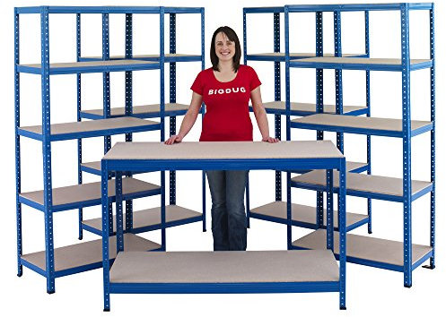 BiGDUG Garage Shelving Units & Workbench Kit | 178cm x 90cm | Includes 4 bays and Workbench (60cm D) Heavy Duty Racking Ideal For Storage. 175kg Shelving Capacity per level