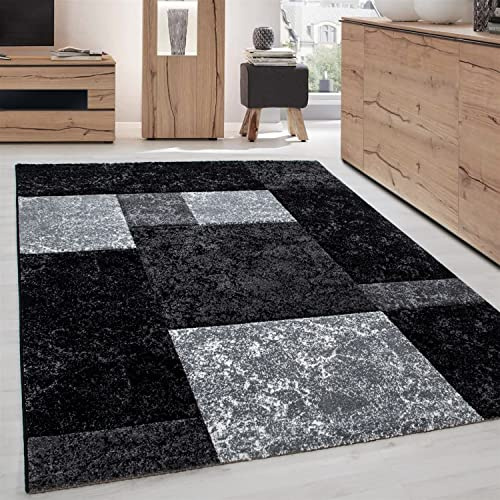 Carpettex Teppich Wohnzimmer Kurzflor 160 x 230 cm Modern Kariert Design Schwarz - Teppich Schlafzimmer Extra Weich Flauschig Waschbar Küchenteppich - Esszimmer Kinderzimmer Wohnzimmerteppich