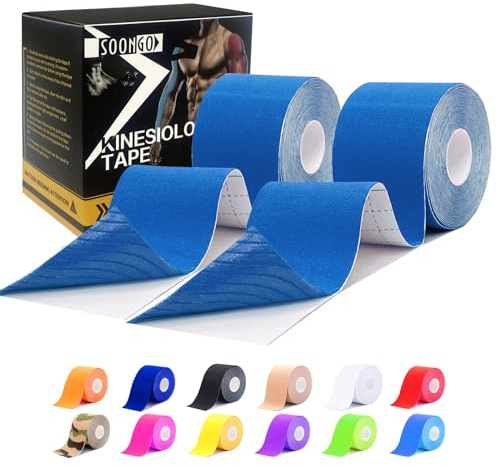 Kinesiology Tape Rock Tape Physio Tape 2 Rolls, Elastic Therapeutic Sports Tape for Shoulder, Ankle, Elbow, Wrist, Knee Support, Waterproof Physiotherapy Body Tape for Muscle Pain by SOONGO (Blue)