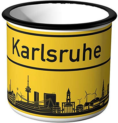 JUNIWORDS Emaille-Tasse, Ortsschild Karlsruhe, Schwarzer Tassenrand