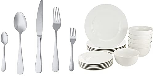 Amazon Basics Geschirrservice, 18-teilig, für 6 Personen & Essbesteck-Set mit Abgerundeter Rand, Edelstahl, 20-teiliges Set, für 4 Personen