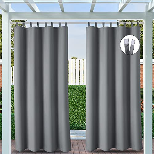 Clothink Outdoor Vorhänge Wasserfest Sonnenschutz Winddicht mit Klettband Oben für Terrasse Garten Balkon Familienhaushalte einfache Montage farbecht haltbar(132x245cm, 1 Stück, Grau)