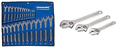 Silverline SP100 Combination Spanner Set 25pce 6-32 mm & WR03 Adjustable Wrench Set 3pce 150, 200 and 250 mm