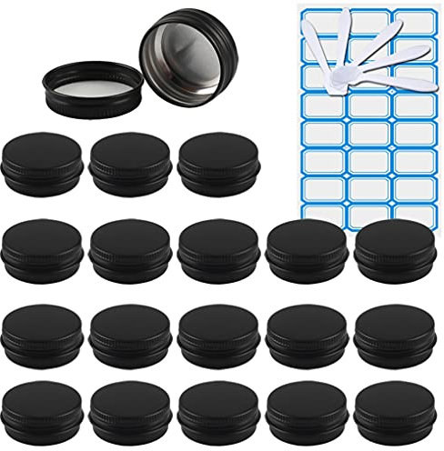 ZEOABSY 100 Pièces 15ml Pots en Aluminium Vide Rond Noir Mat Petit Cosmétiques Pot Conteneurs for Fait Main Bougies Crème Baume Voyage, 10x Spatule, 4X Étiquettes