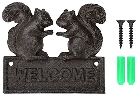 SUMTree Double Squirrel Welcome Sign Vintage Style Heavy Duty Welcome Sign Cast Iron Garden Ornament Welcome Plate Handmade Outdoor Decoration for Front Door Double Squirrel Wall Mount Home Decor