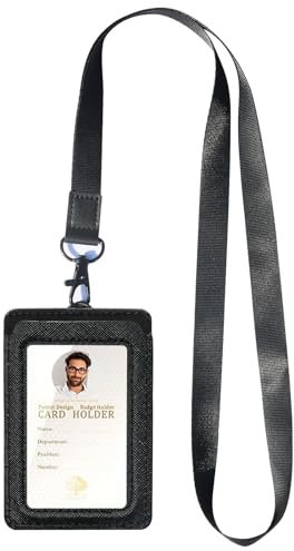 Ausweishalter,vertikaler Ausweis-Kartenhalter aus Leder,durchsichtiges Ausweisfenster mit Umhängeband für Männer und Frauen/Lehrer/Krankenschwester/Student(Schwarz-B)