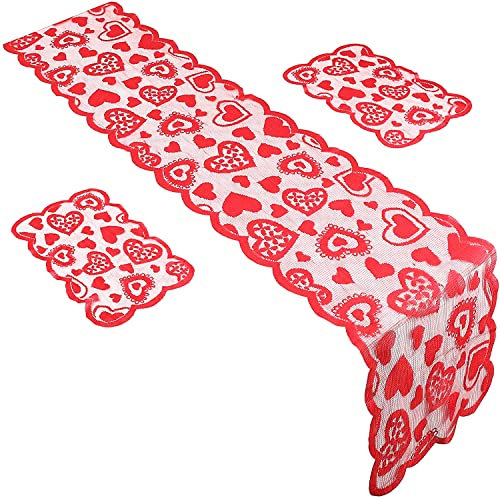YGCHEN Tischläufer Valentinstag Dekorationen Tischdecke Herz Tischset Rechteckig Table Runner and Placemat für Valentinstag Muttertag Hochzeit Romantische Dekorationen, 3 Stück