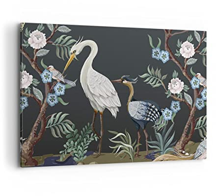 Wandbilder Dekoration Wohnzimmer Asiatisch Reiher Blumen Bilder auf Leinwand 120x80cm Leinwandbild Schlafzimmer Küche Deko Wand Kunstdruck Art Groß XXL Wanddeko Bild Wall Decor Canvas AA120x80-4699