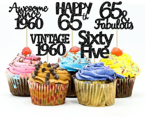 Gyufise 30 Pack Gold Glitter 65th Birthday Cupcake Toppers Vintage 1960 Cake Toppers Hello 65 Cake Topper Sixty Five 65 & Fabulous Cupcake Picks 65th Birthday Cake Decorations Supplies