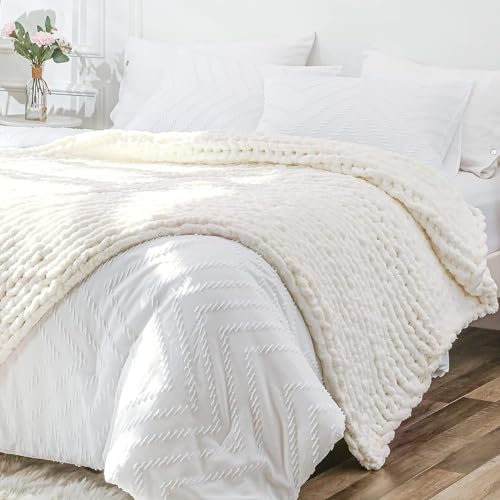 Bigacogo Chunky Knit Blanket Throw 51x63, 100% Hand Knitted Chenille Throw Blanket, Big Soft Thick Yarn Cable Knit Blanket, Large Rope Knot Crochet Throw Blankets for Couch Bed Sofa (Ivory)