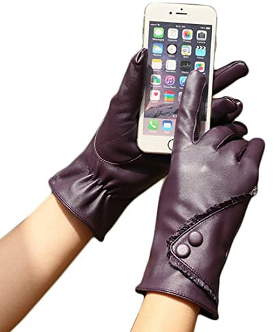 LAIFEKE Damenmode Winterhandschuh Touchscreen Handschuhe PU Lederhandschuhe Dicker Warmer Samt Fahrhandschuhe Winddicht (Stil 1-Lila)