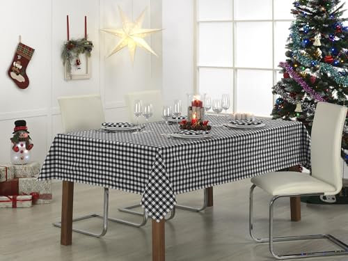 LAN&LAN - Nappe Rectangulaire Lavable en Polycoton, Nappes à Carreux pour L'intérieur et L'extérieur (Noir, 140 x 250)