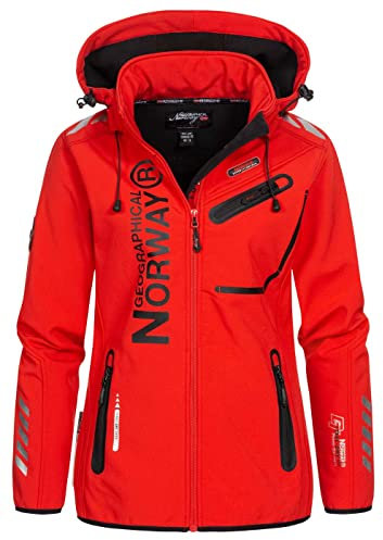 Geographical Norway Reine Lady - Giacca Cappuccio Softshell Impermeabile Donna - Giubbotto Antivento - Attività Escursioni Running Autunno Inverno Primavera (Rosso Nero XL)