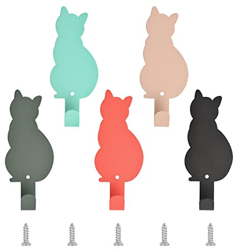 UFURMATE Ganci adesivi, 5 ganci autoadesivi per accappatoi da bagno, a forma di gatto, appendiabiti, da parete, per cucina, camera da letto, bagno (5 colori)