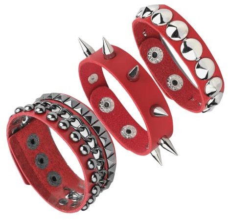 MILAKOO 3 Stück lederarmband herren breit nieten armband manschettenarmband roker armband set rot