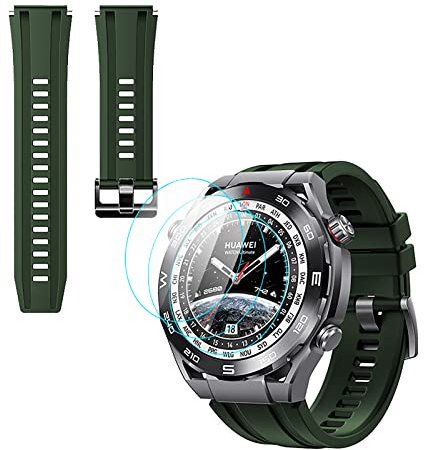 GIOPUEY Cinturini Compatibile con Huawei Watch Ultimate, [2 in 1] TPU Silicone Cinturino + 3 Pezzi Pellicola Protettiva, [Resistente All'usura] [Traspirante] - Verde dell'esercito