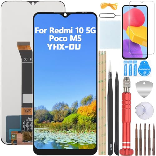 YHX-OU 6.58'' Negro Pantalla LCD para Xiaomi Redmi 10 5G 22041219G 22041219NY Poco M5 22071219CG Kit de Reparación de Pantalla Táctil Digitalizador con Herramienta + Cristal Templado