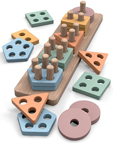 Tosekry Holz Sortier & Stapelspielzeug, Holz Montessori Spielzeug ab 1 2 3 Jahr Holzspielzeug Motorikspielzeug Baby Spielzeug 3 6 9 Monate Babyspielzeug (Macaron)