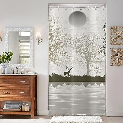 ASDCXZ Hirsch Duschvorhang 120x180 cm, Modern Kunst See Sonne Landschaftsmalerei Grau Bad Waschbar Schmal Duschvorhänge mit ösen Polyester Textil Wasserdicht Duschvorhang für Badewanne mit 8 Haken