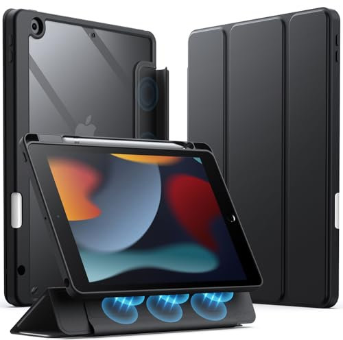 JETech Funda Desmontable para iPad 9/8/7 (10,2 Pulgadas, 2021/2020/2019 Modelo, 9.ª/8.ª/7.ª Generación) con Soporte para Pencil, Carcasa Magnética Soporte Trifold Respaldo Clara (Negro)
