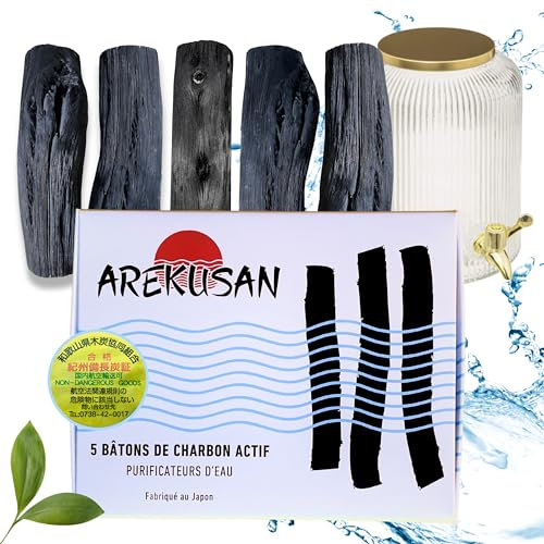 5 Gros Charbon Actif Purificateur Eau Bâtons de grande taille pour la purification de gros volumes d'eau Kishu Binchotan Japonais Wakayama Filtre L'eau du Robinet Pour grandes carafes fontaines pichet