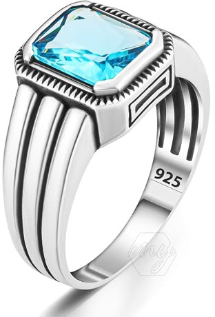 mysilverworld Türkischer Herrenring aus 925er Sterlingsilber, achteckig, Aquamarin-Stein, Aquamarin