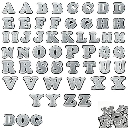 Personalize Pro Glitter Letter Patches A to Z Uppercase Alphabet Iron on Applique Embroidered Sew-on Letters Patch for Clothing, Jackets, Hats, DIY Fashion and Decorative Craft Supplies, Silver, 52Pcs