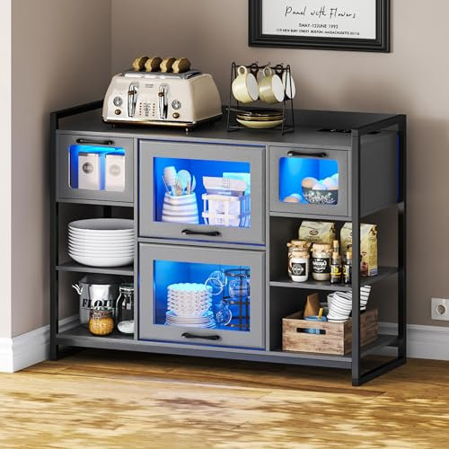 Lvifur küchenschrank Buffetschrank Sideboard mit Steckdose, Landhausstil Vorratsschrank mit USB Type-C, Mehrzweckschrank Automatischem Sensor 3-Farben Dimmbares Bücherregal Schlafzimmer Grau