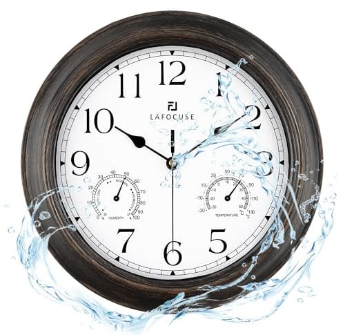 Lafocuse 30cm Reloj de Pared Exteriores Impermeable con Termómetro e Higrómetro, Vintage Reloj Marrón Rustico Retro, Silencioso Clasico Decoracion para Exterior, Jardín, Balcón, Piscina, Baño, Cocina