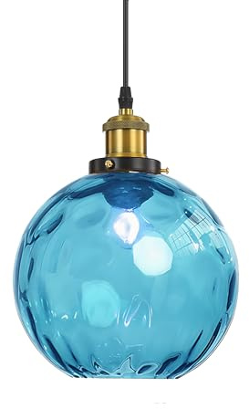 EKSED Lámpara Colgante Globo Ondulado de Vidrio - Lámpara de Techo Colgante de Onda con Pantalla de Latón para Isla de Cocina y Comedor (Azul claro, 15cm)