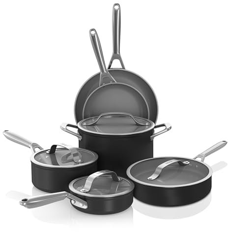 Ninja Ceramic Pro 10-Piece Cookware Set, Non-Stick Pots & Pans Set with Glass Lids, PTFE Free, Ceramic Coated, Oven Safe, All Stovetops & Induction Compatible, Black, CW39010BK