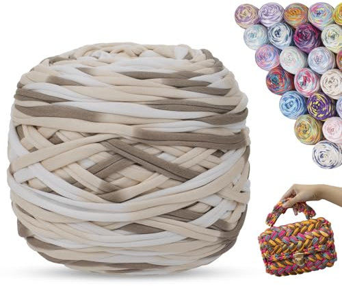 LEREATI 285g Tshirt Garn zum Häkeln, 100m Farbige Textilgarn zum Häkeln, Bändchengarn zum Häkeln, Dickes T-Shirt Garn zum Häkeln für Körbe, Taschen, Heimdekoration, DIY (Kaffee & Weiß)