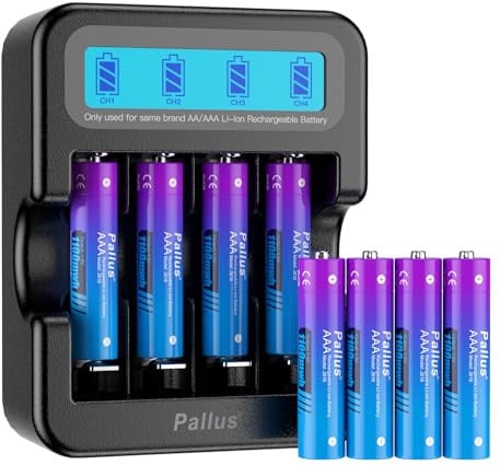 Pallus Rechargeable AAA Lithium Batteries with Charger, 1100mWh High Capacity, Low Self-Discharge Triple A Batteries 8 Pack