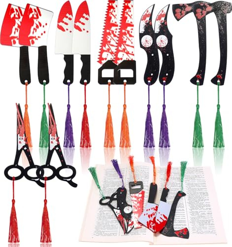 WinnerWhy 12 Pieces Halloween Bookmarks Blood Splatter Knife Bookmarks Acrylic Book Markers with Coloful Tassels for Horror Creepy Crime Book Lovers Halloween Holiday Gift Ideas
