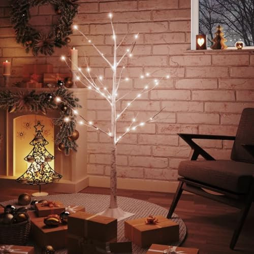 Homgoday Abedul Artificial Blanco con 48 LED Blanco cálido 120 cm Plantas Artificiales Decorativas Planta Artificial Realista Ideal para Decoración