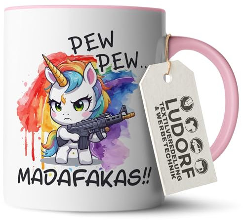 #teamludorf - Tasse - Altrosa Henkel & Innen - Einhorn PEW PEW... MADAFAKAS! - Lustige Kaffeetasse 300 ml Keramik, spülmaschinenfest & mikrowellengeeignet, Geschenkidee