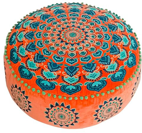 Schwarzer Runder Pouf Ottomane mit Samt Stickerei – Weicher, Bestickter Bodenkissen mit Marokkanis Design, 60cm Durchmesser, ideal für Wohnzimmer, Schlafzimmer oder Meditationsraum
