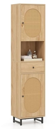 RELAX4LIFE Bathroom Tall Cabinet, Wooden Slim Storage Cupboard with PE Rattan Doors, Adjustable Shelves and Drawer, Freestanding Narrow Bathroom Organizer Tallboy Unit