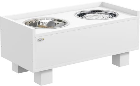 PawHut Gamelle surélevée pour chien - Hauteur réglable - Avec espace de rangement - 2 bols en acier inoxydable de 1 l - Avec tapis anti-glouton - Pour chiens de taille moyenne - Blanc