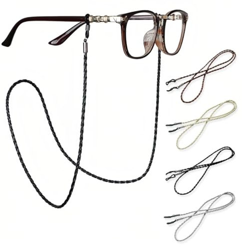 4 Pièces Cordon Lunettes, Cordon de Lunettes Tressé, Cordon Lunettes Femme, Lunettes Chaîne Lanière, Attache Lunette, Cordons à Lunettes, pour Femmes Hommes (Noir + Marron + Blanc + Gris)