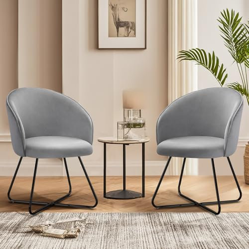 Hellove Schminktisch Stuhl mit Black Metallbeinen, Grauer Samt Schminkstuhl, Armlehnstuhl mit Gekrümmt Rück, Loungesessel, Lesesessel-Ideal Sessel für Schlafzimmer, Wohnzimmer, Schminktisch Set of 2