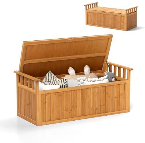 HOMASIS 209L Auflagenbox wasserdicht XXL, Gartenbox aus Fichtenholz, Aufbewahrungsbox mit Deckel & Armlehnen, Gartentruhe Kissenbox wetterfest, Auflagentruhe Sitzbank mit Stauraum für Garten Balkon