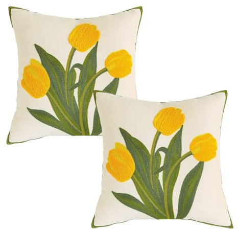 FONDUO Kissenbezug 45x45 Frühling Baumwolle 2er Set, Kissenbezüge Floral Frühling Deko Dekokissen Kissenhüllen Rosa Boho Zierkissenbezüge Kissen Tulpe Sofakissen Kissenbezug für Heimdekoration (Gelb)