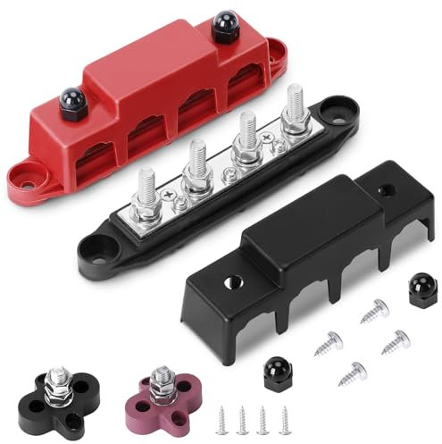 BOSYTRO 2 Pezzi 12V-48V DC Blocco di Distribuzione 250A Busbar Con Terminali a 4 poli da 5/16 (M8) e Coperchio, Morsetti Batteria 12V con 2xM8 Bornier Electriqueper RV,Camion barca (Rosso Nero)