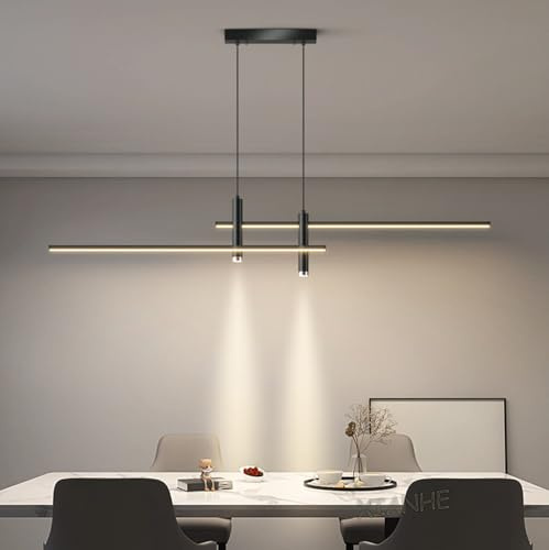 Moderne Lineare LED Pendelleuchte Esszimmerlampe, Hängelampe Dimmbar Küchen Wohnzimmer Schwarze Hängend Lampe mit Fernbedienung Höhenverstellbar für Esstisch Esszimmer Bar Tisch Bürolampen (A, L150cm)