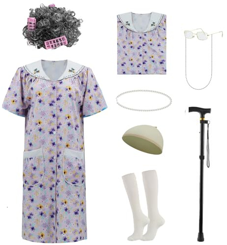 AYYOHON Alte Dame Kostüm für Frauen, Oma Kostüm Set mit Nachthemd Alte Dame Kleid Oma Outfits Halloween Cosplay Anzug S/M